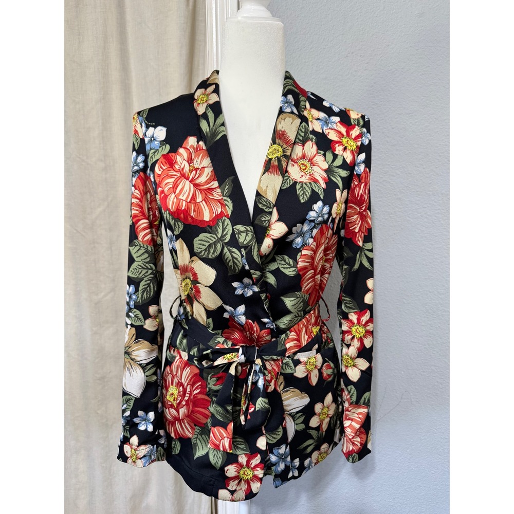 Zara Novelty Floral Belted Wrap Blazer Jacket Black Red XS Cottagecore Spring